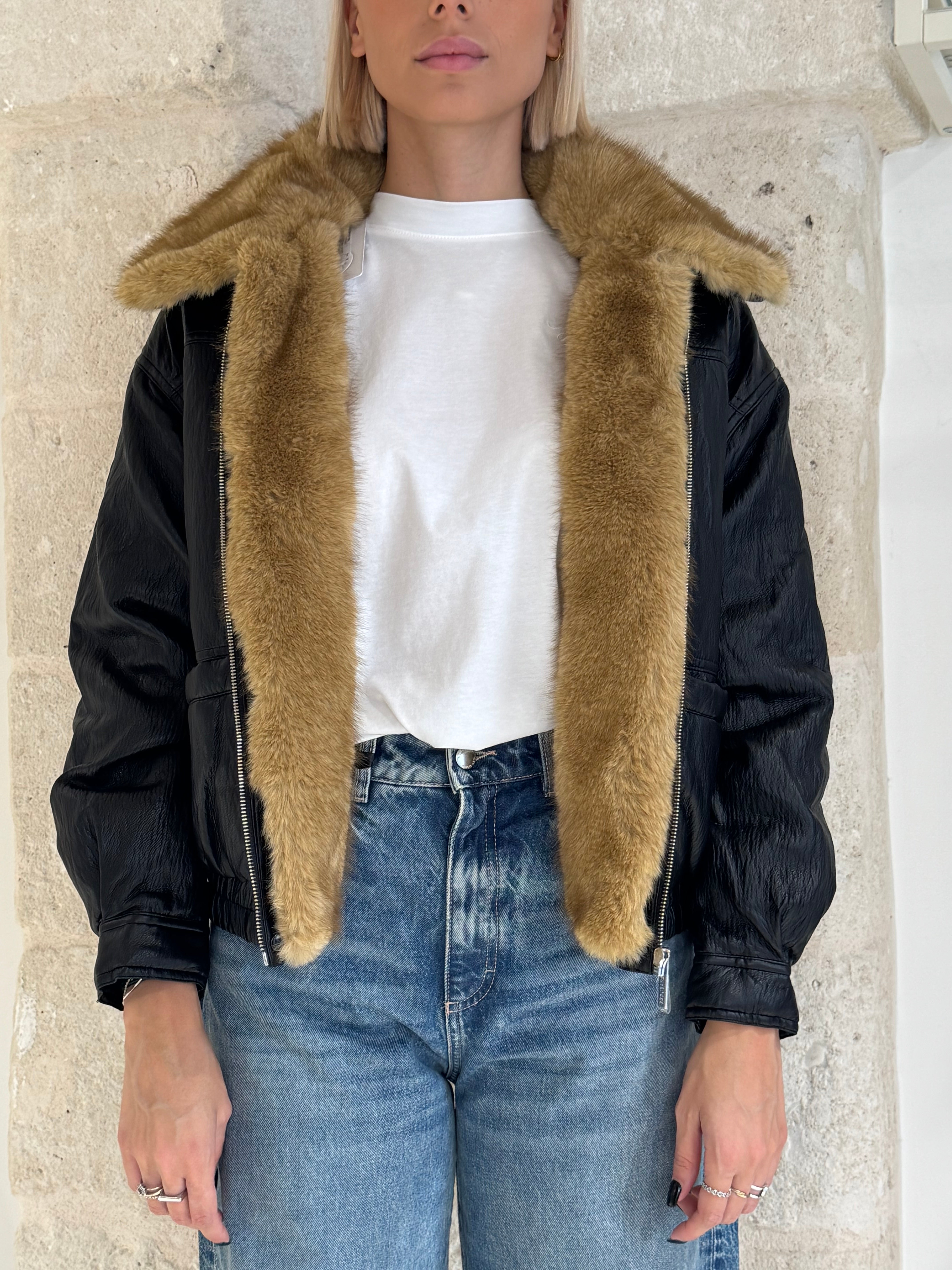 Bomber effetto pelle con collo pelliccia ecologica - Bsb