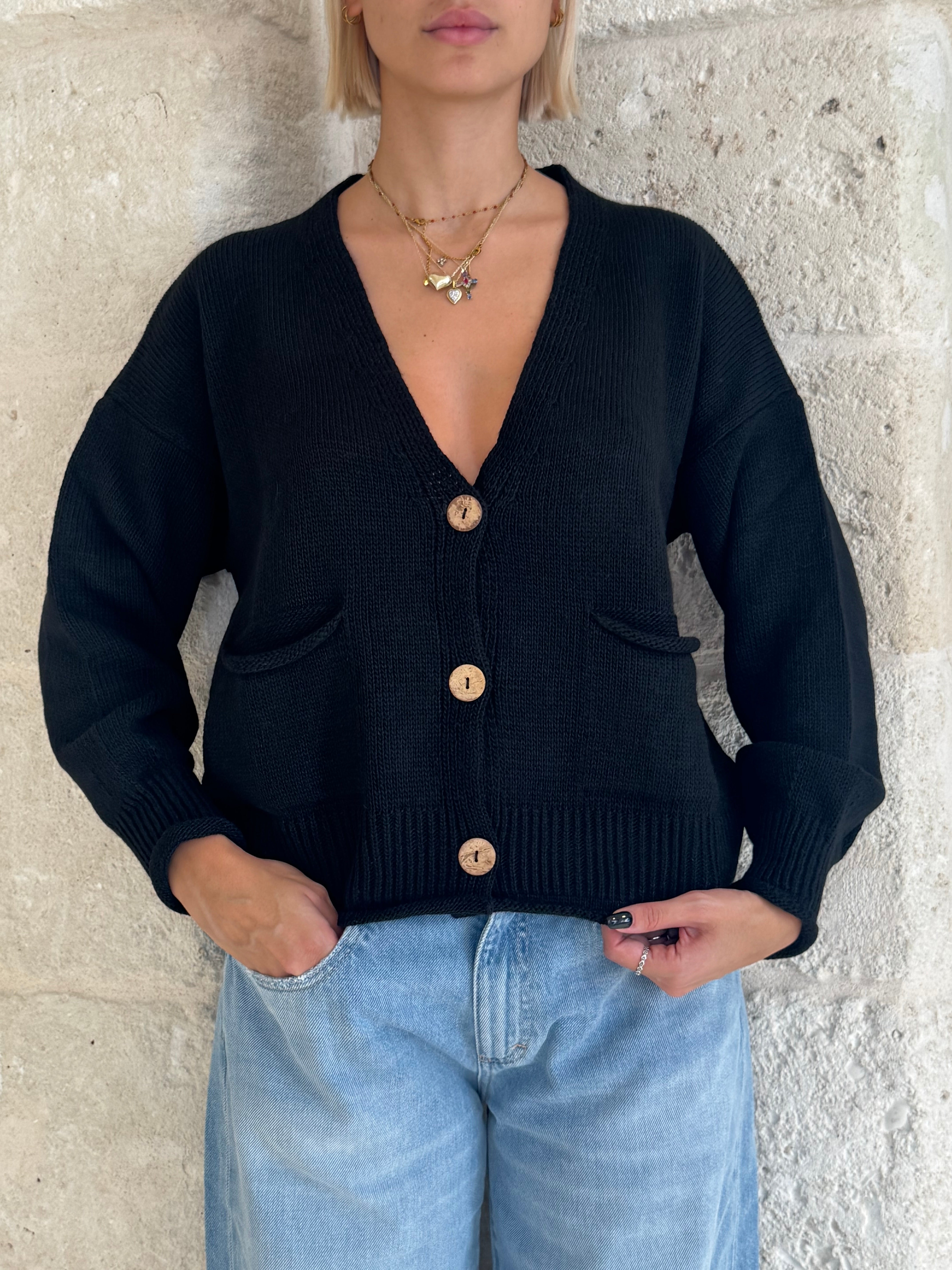 Cardigan Molly nero con bottoni e tasche - Zahjr