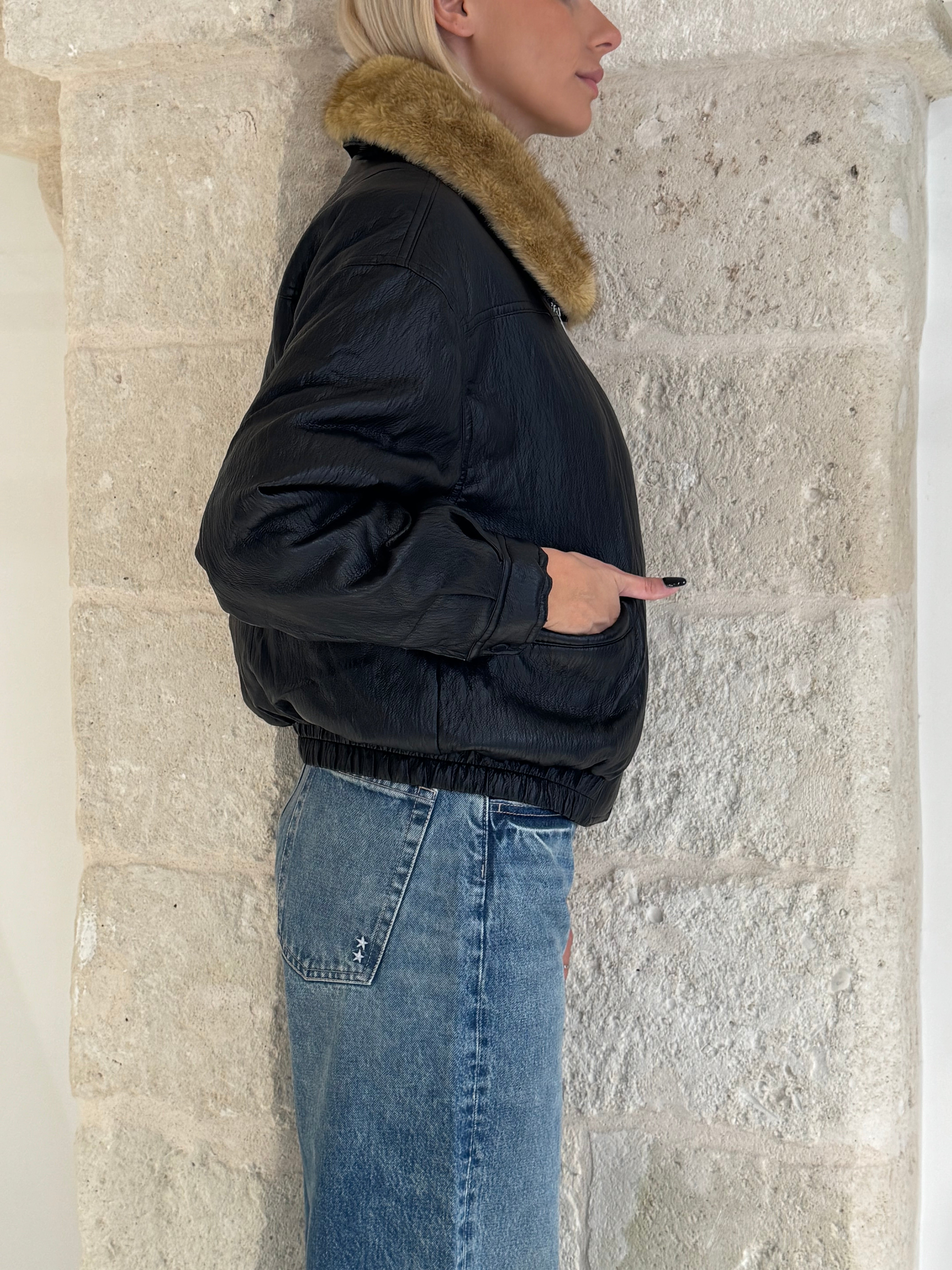 Bomber effetto pelle con collo pelliccia ecologica - Bsb