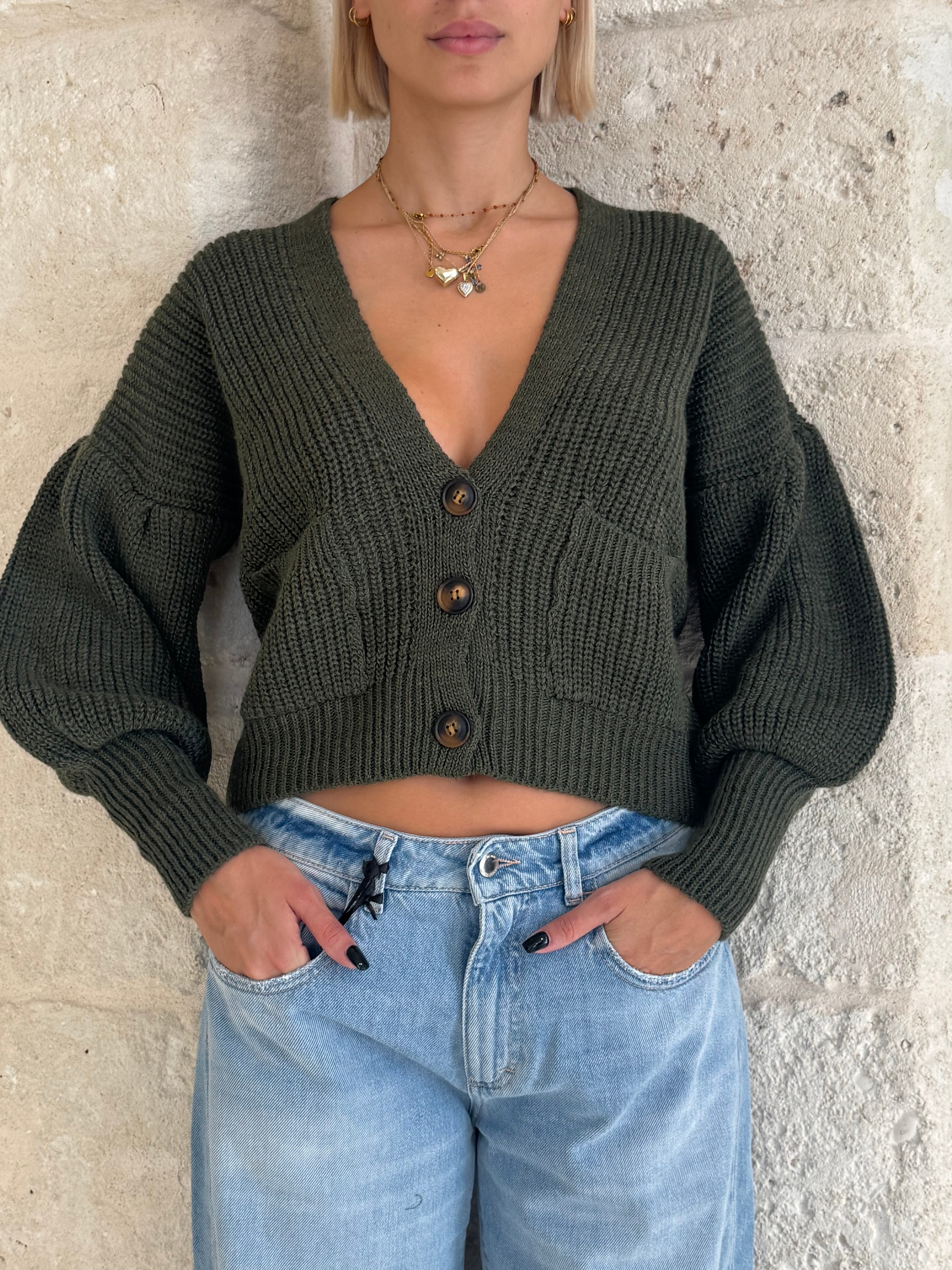 Cardigan verde militare con manica balloon - Zahjr