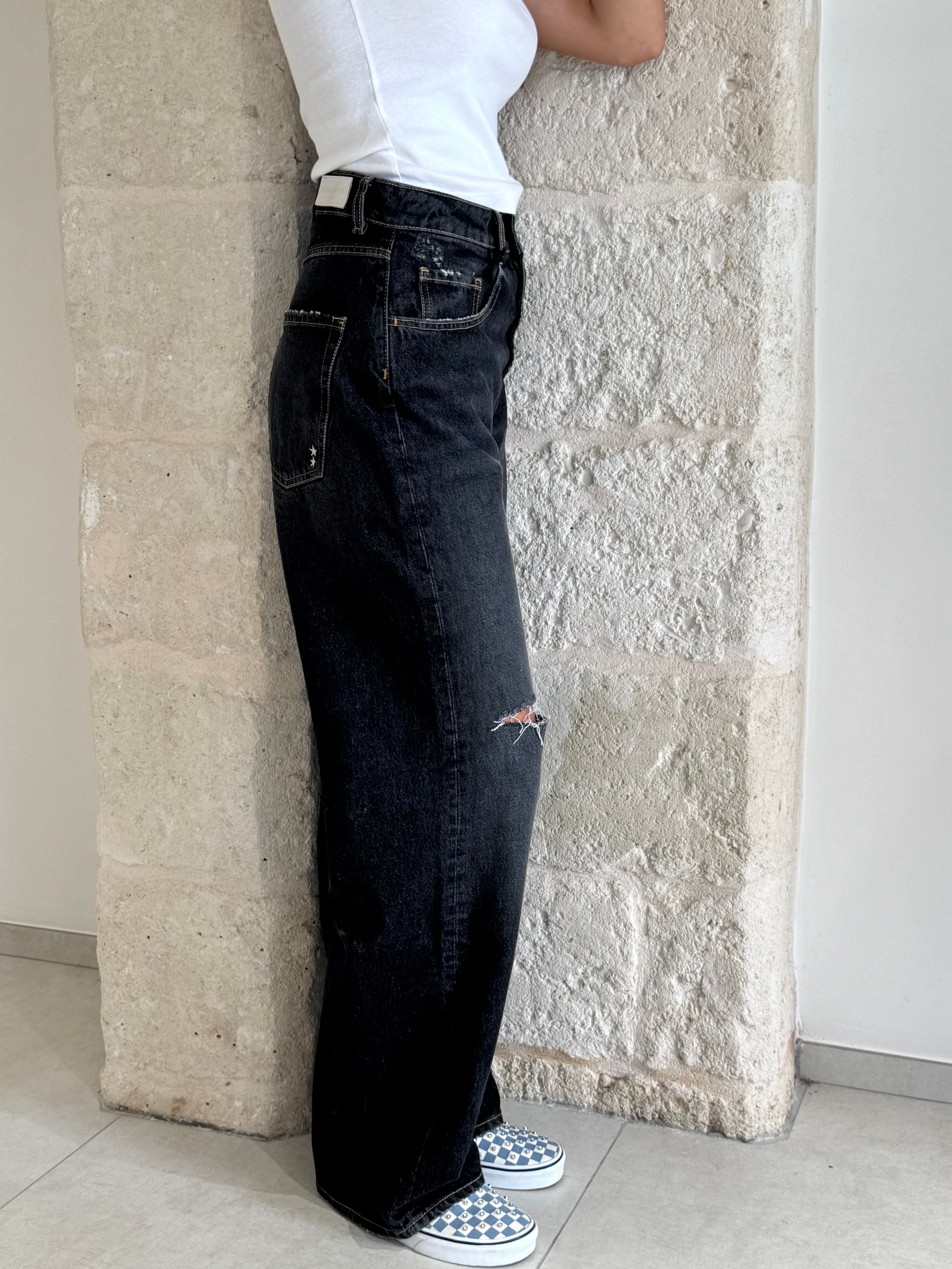 Jeans Poppy noir con strappi e cuciture gialle  - Icon Denim