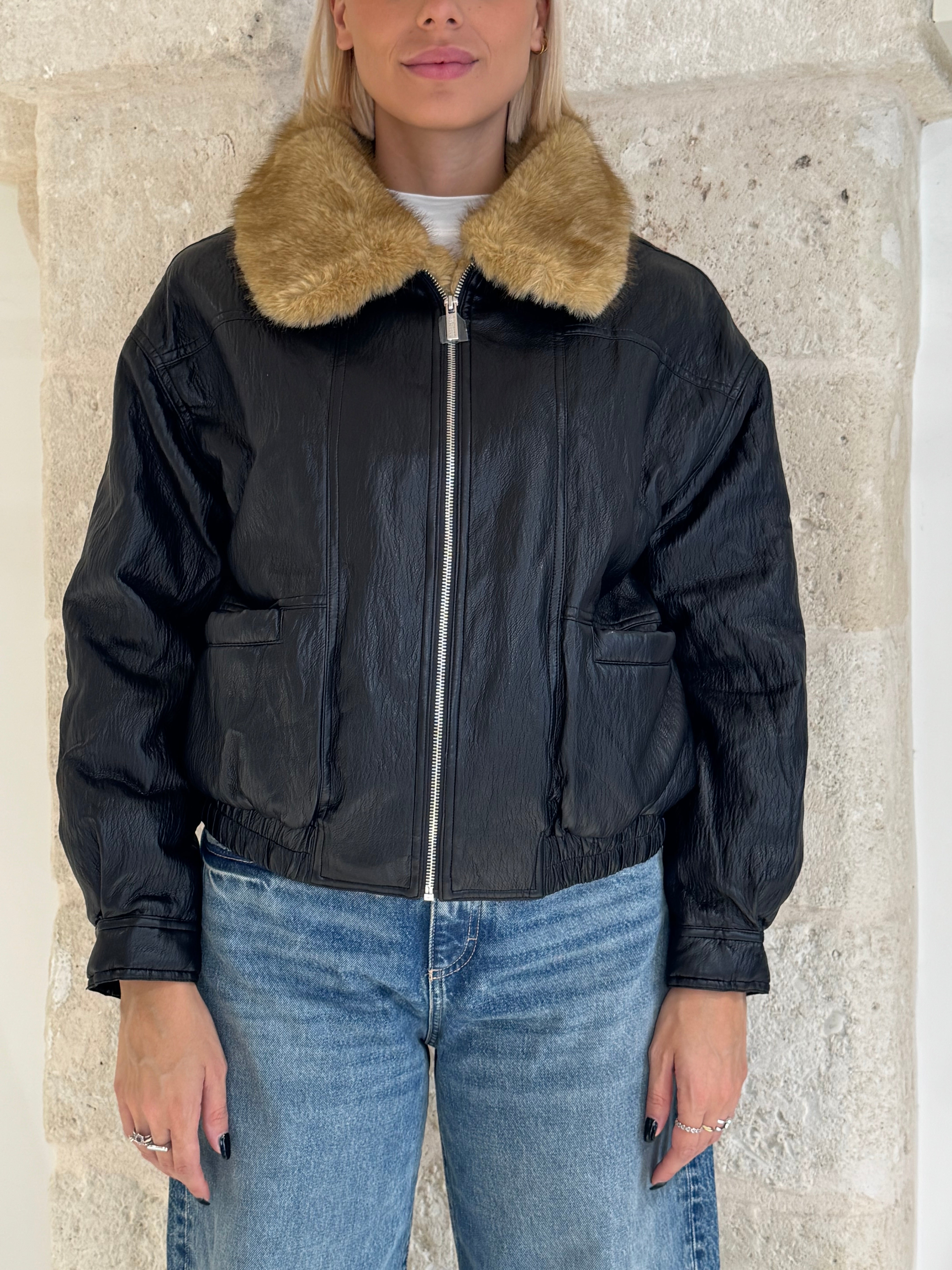 Bomber effetto pelle con collo pelliccia ecologica - Bsb