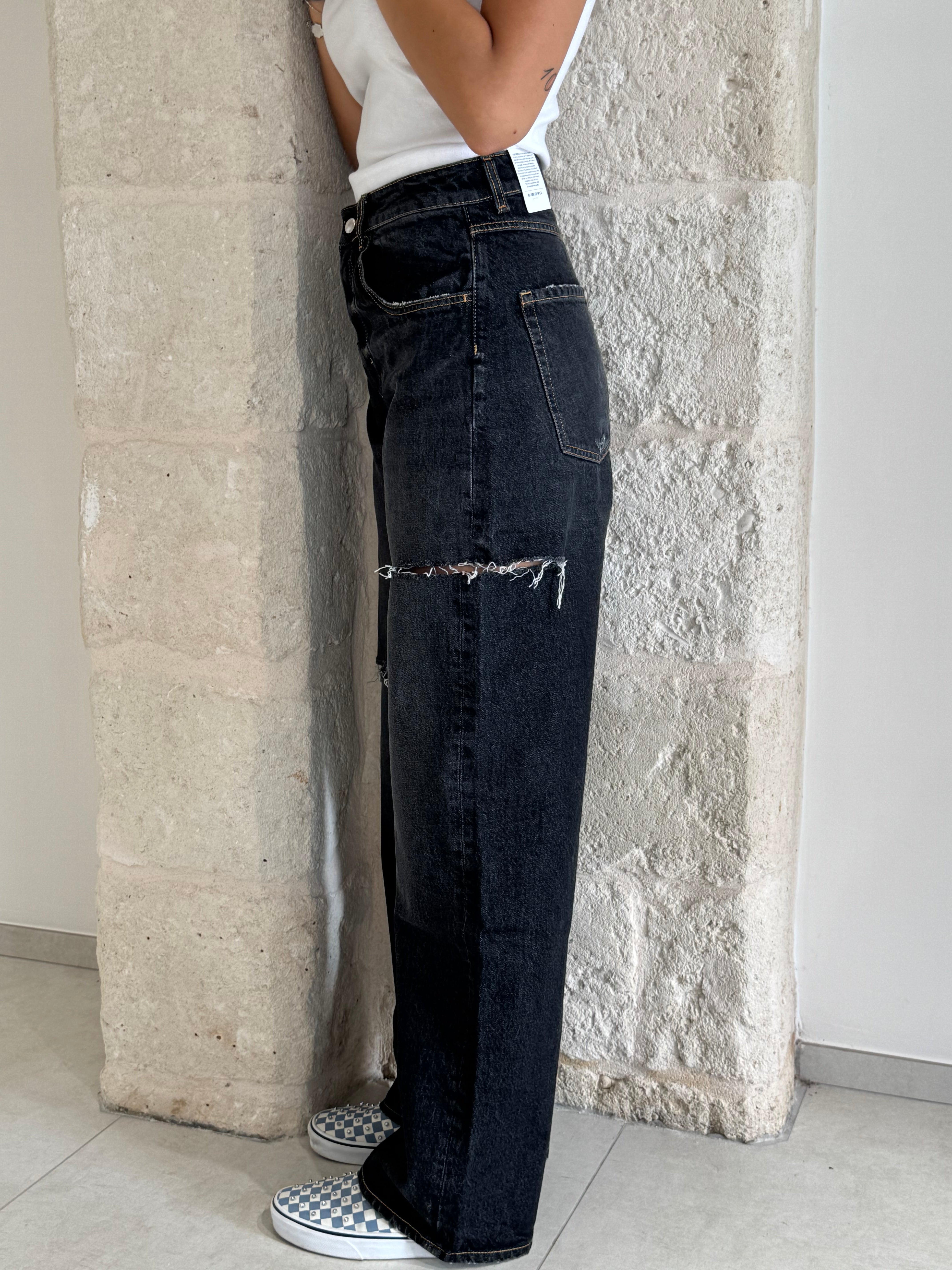 Jeans Poppy noir con strappi e cuciture gialle  - Icon Denim