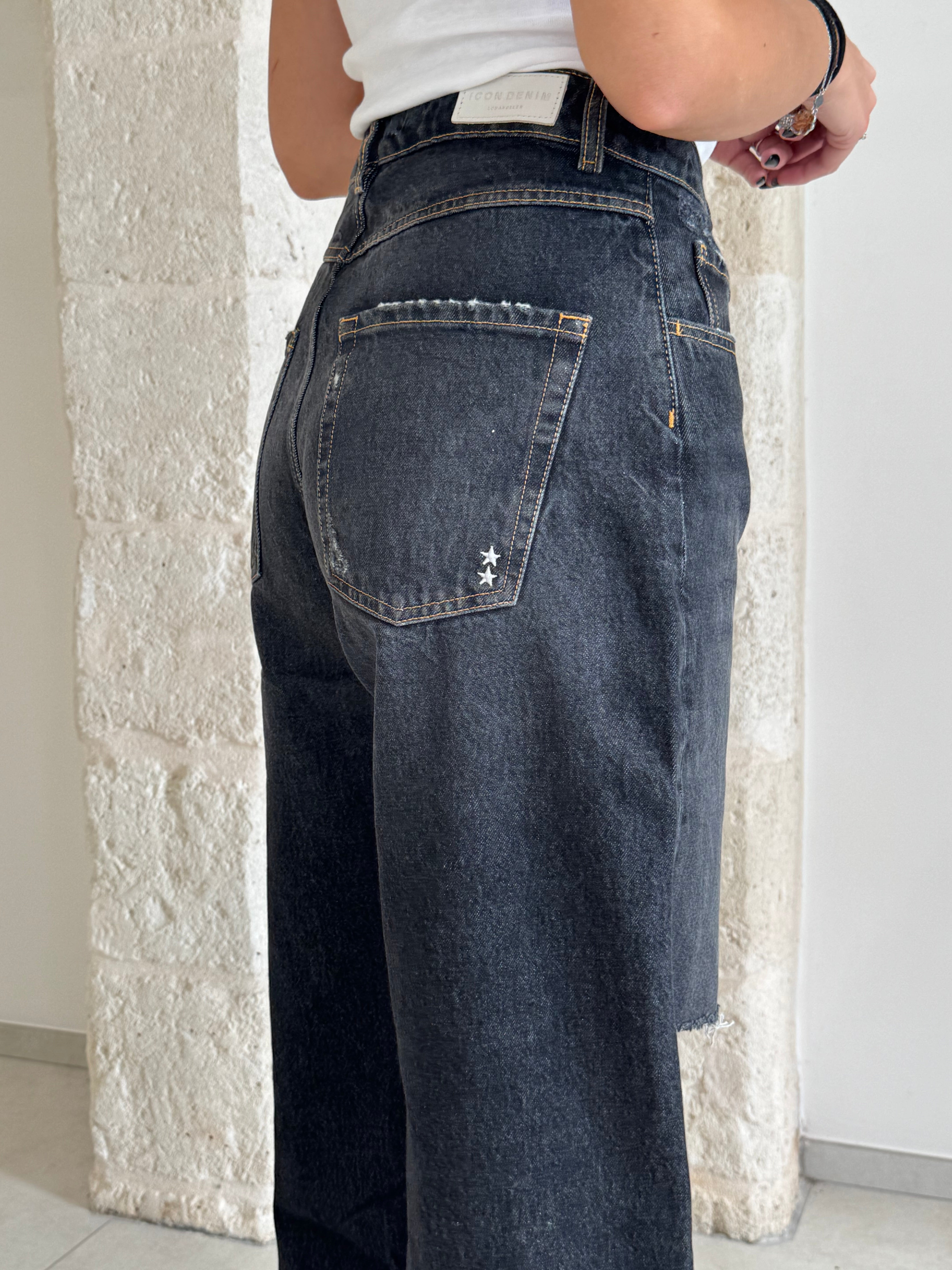 Jeans Poppy noir con strappi e cuciture gialle  - Icon Denim