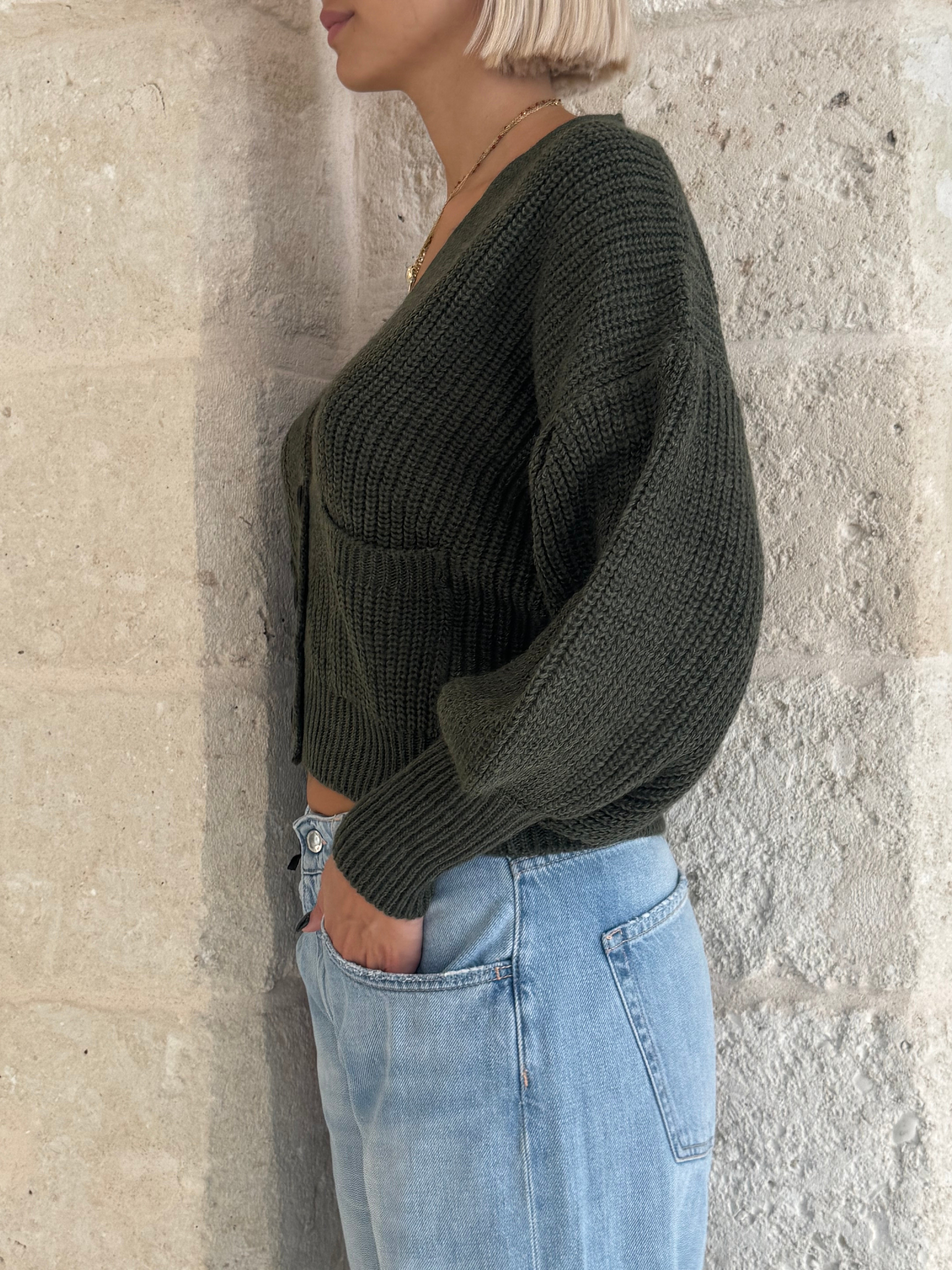 Cardigan verde militare con manica balloon - Zahjr